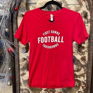 V-neck, red, first downs football touchdowns tee XS